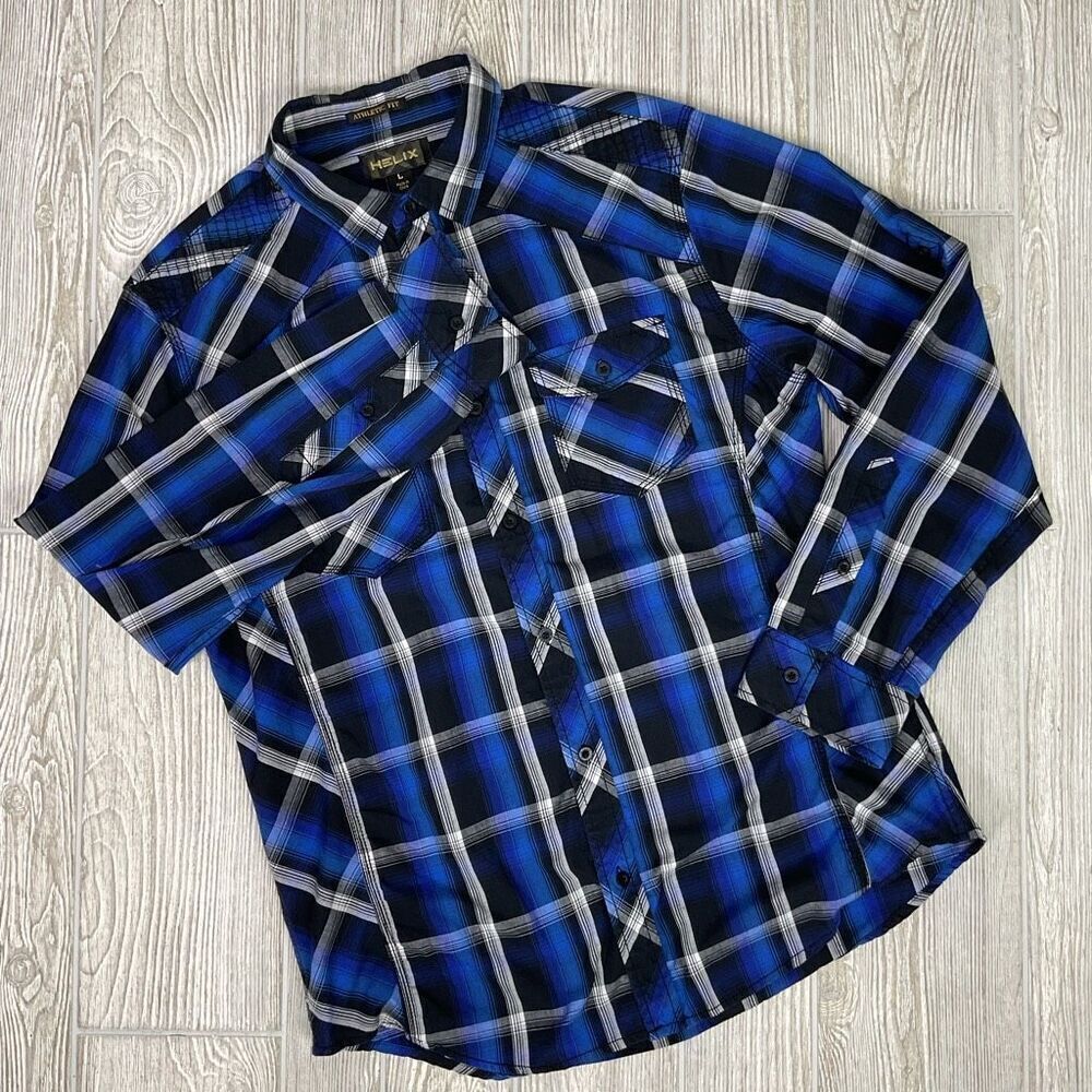 Helix Athletic Fit Blue and Black Western Style Button Front Shirt Mens Large